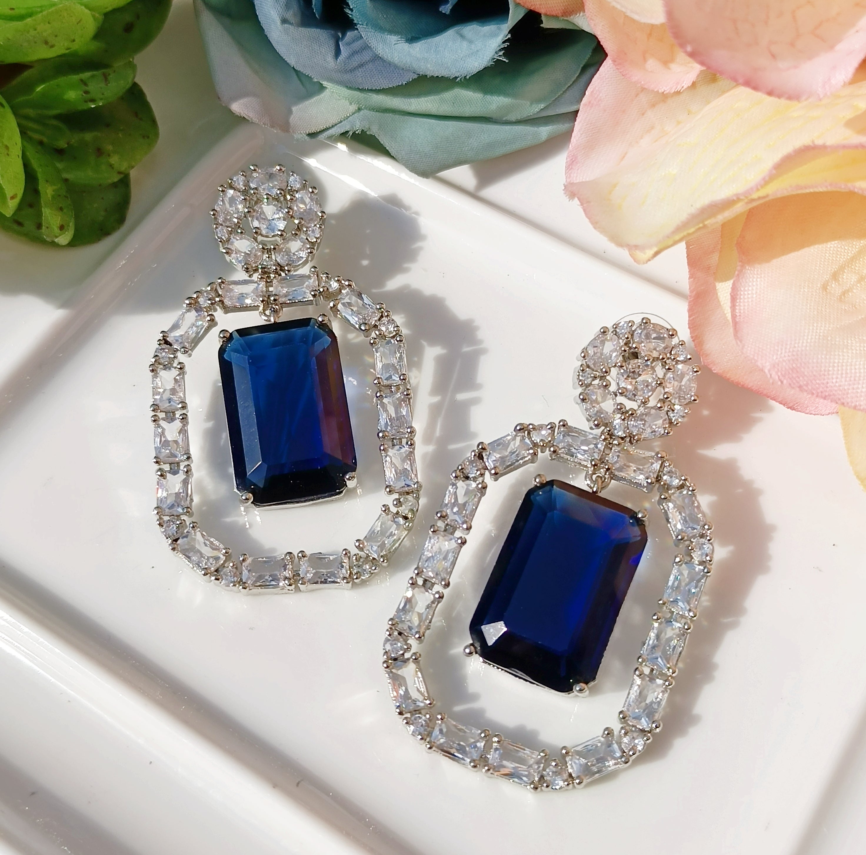 Sapphire blue & silver Amarican diamond statement earrings