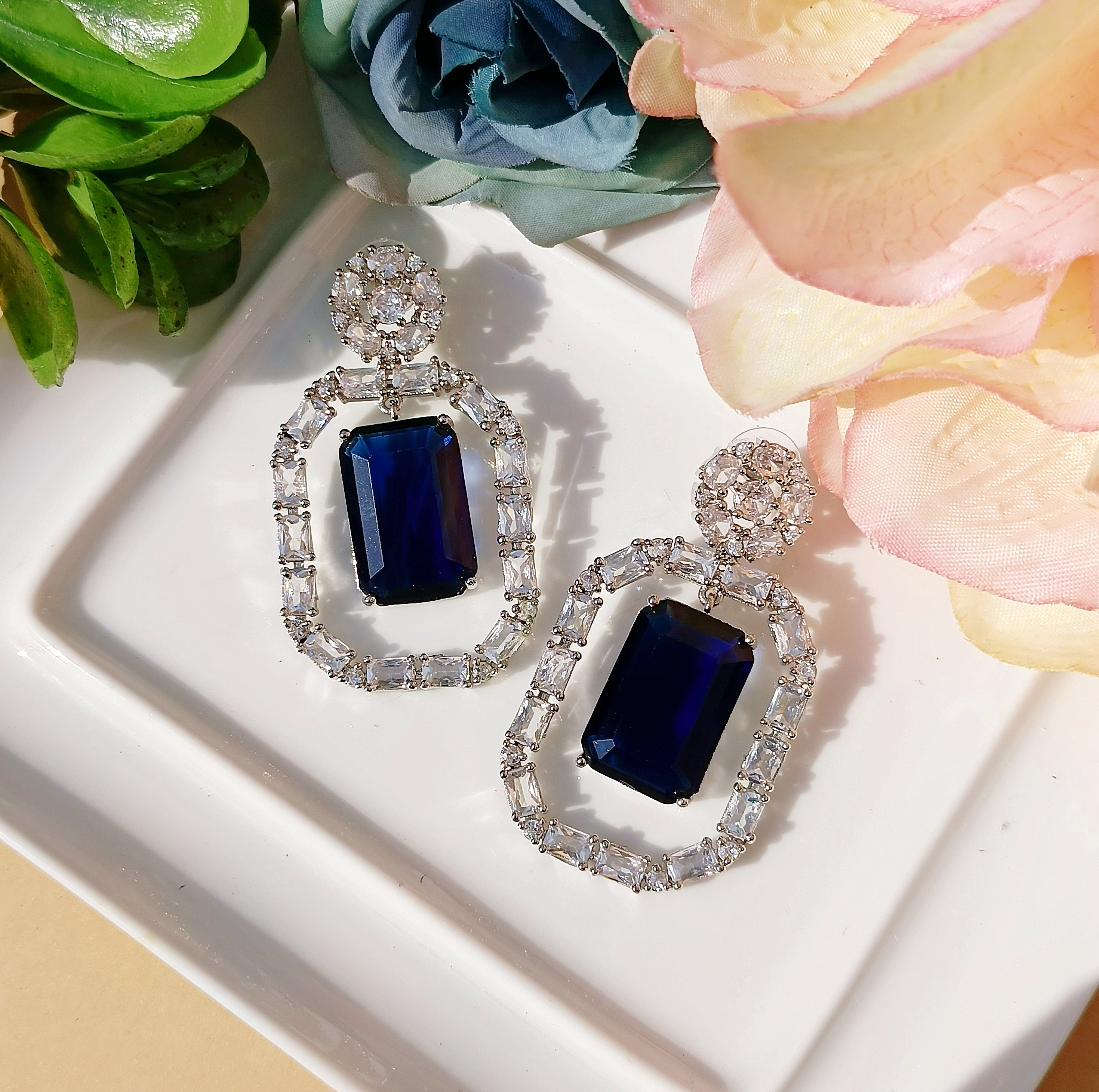 Sapphire blue & silver Amarican diamond statement earrings