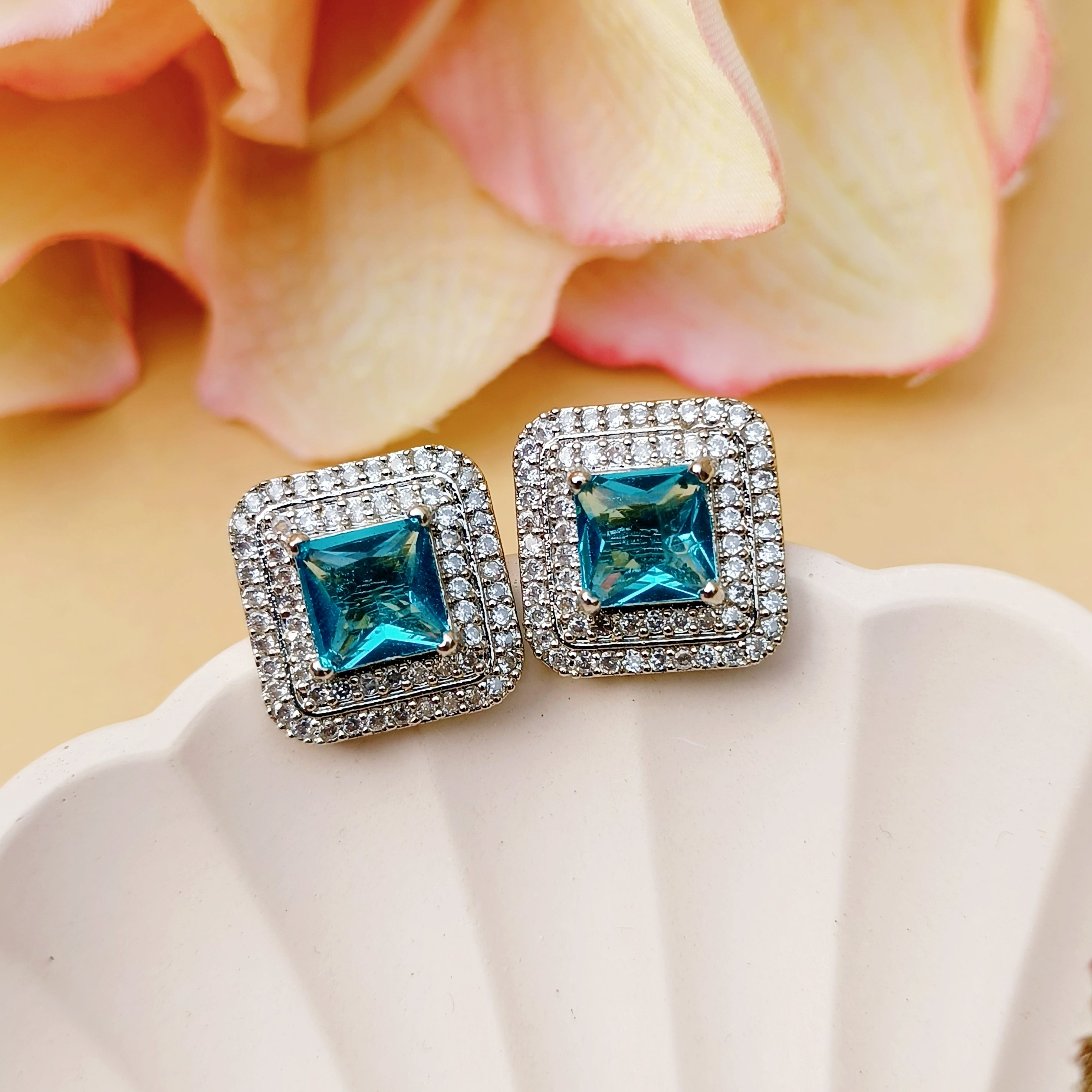 Silver & Blue American Diamond Studs