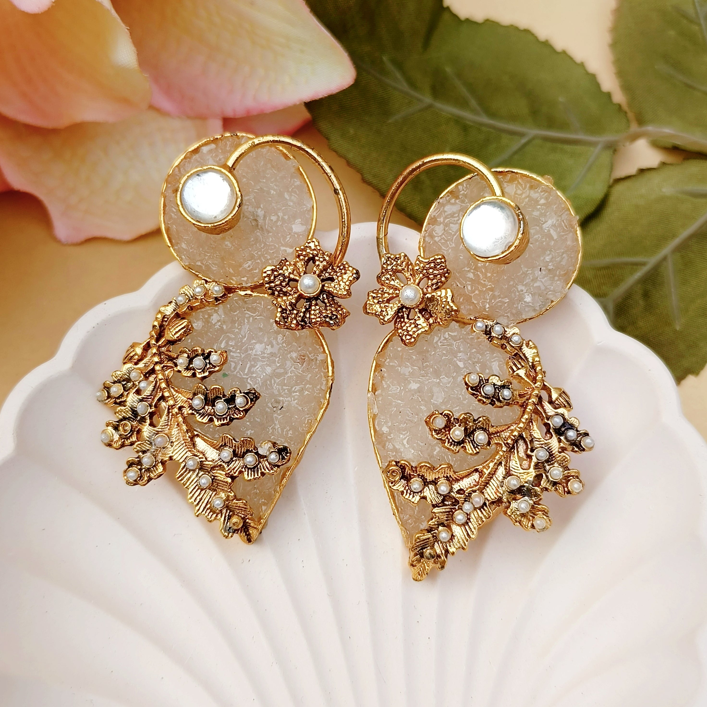 White & Golden Statement Crush Earrings