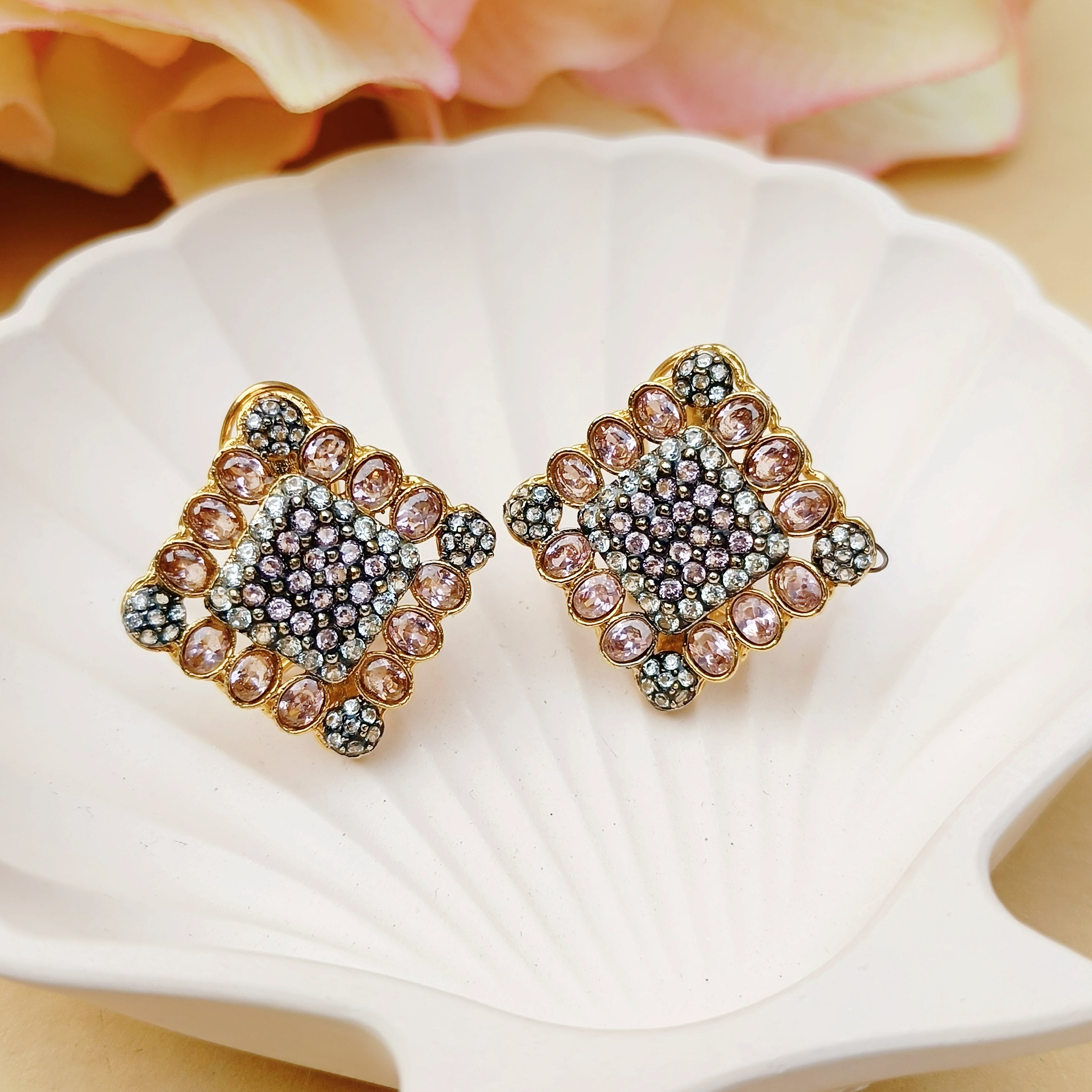 Pink & Silver Real Stones Gold Plated Studs