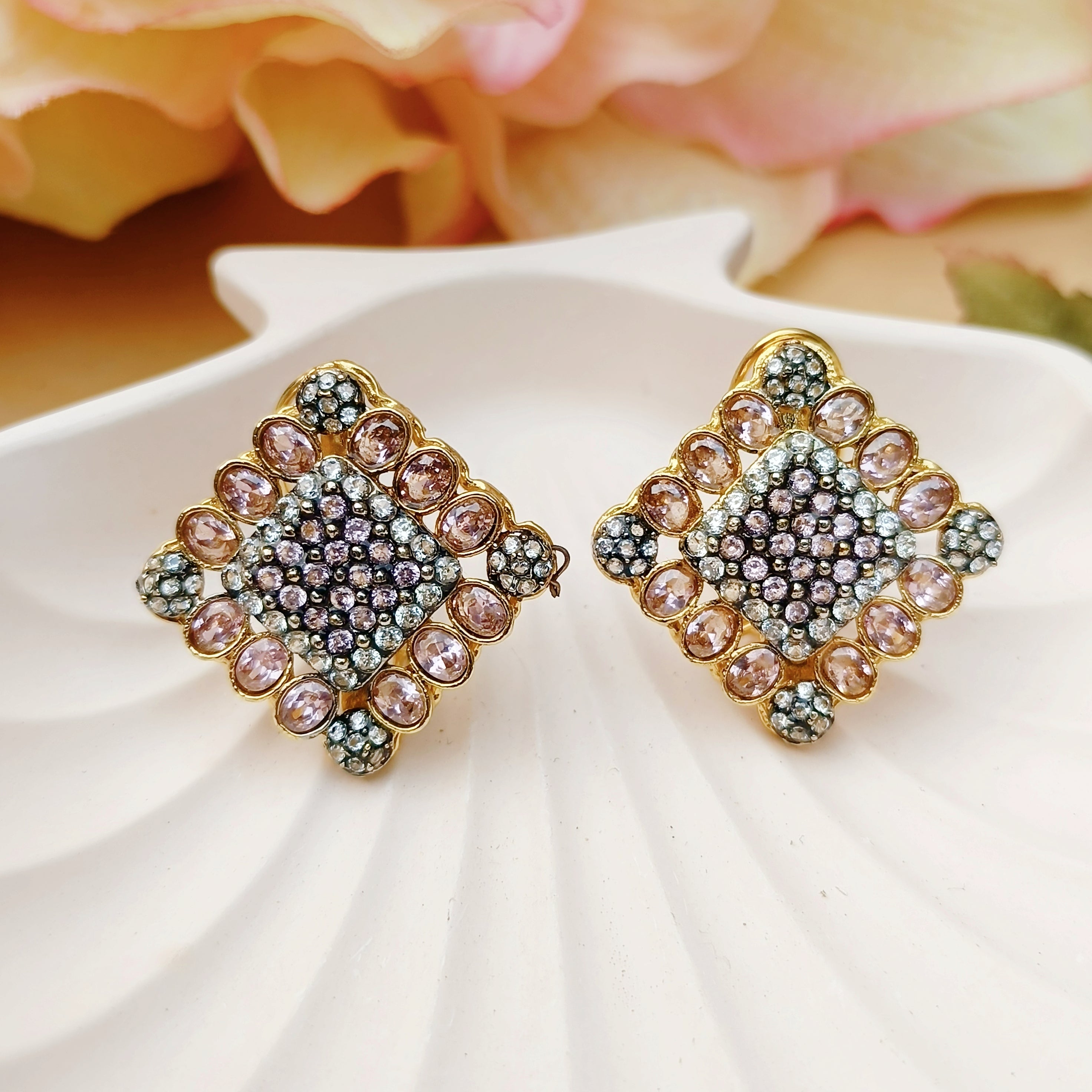 Pink & Silver Real Stones Gold Plated Studs