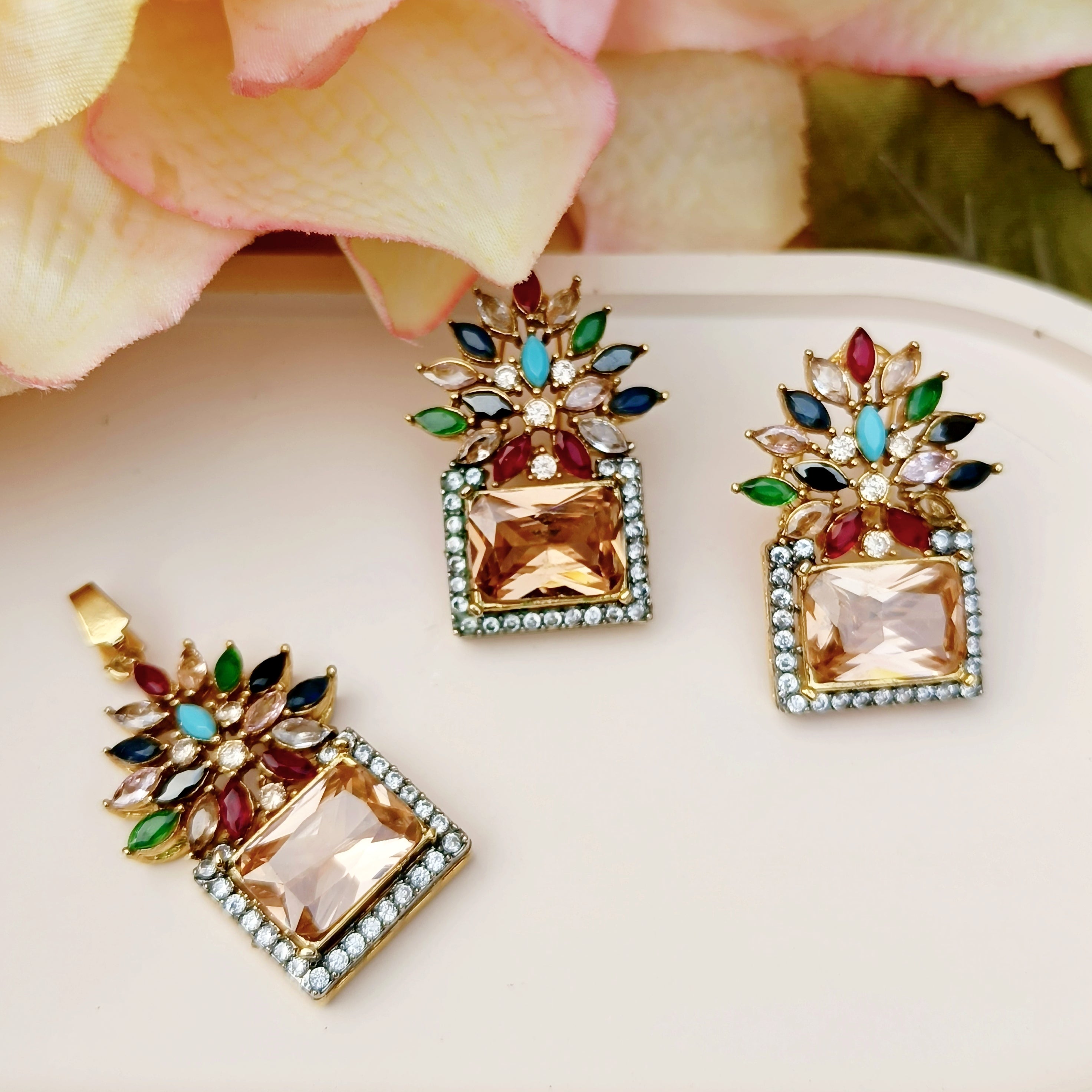 Multi Real Stones Gold Plated Combo Set
