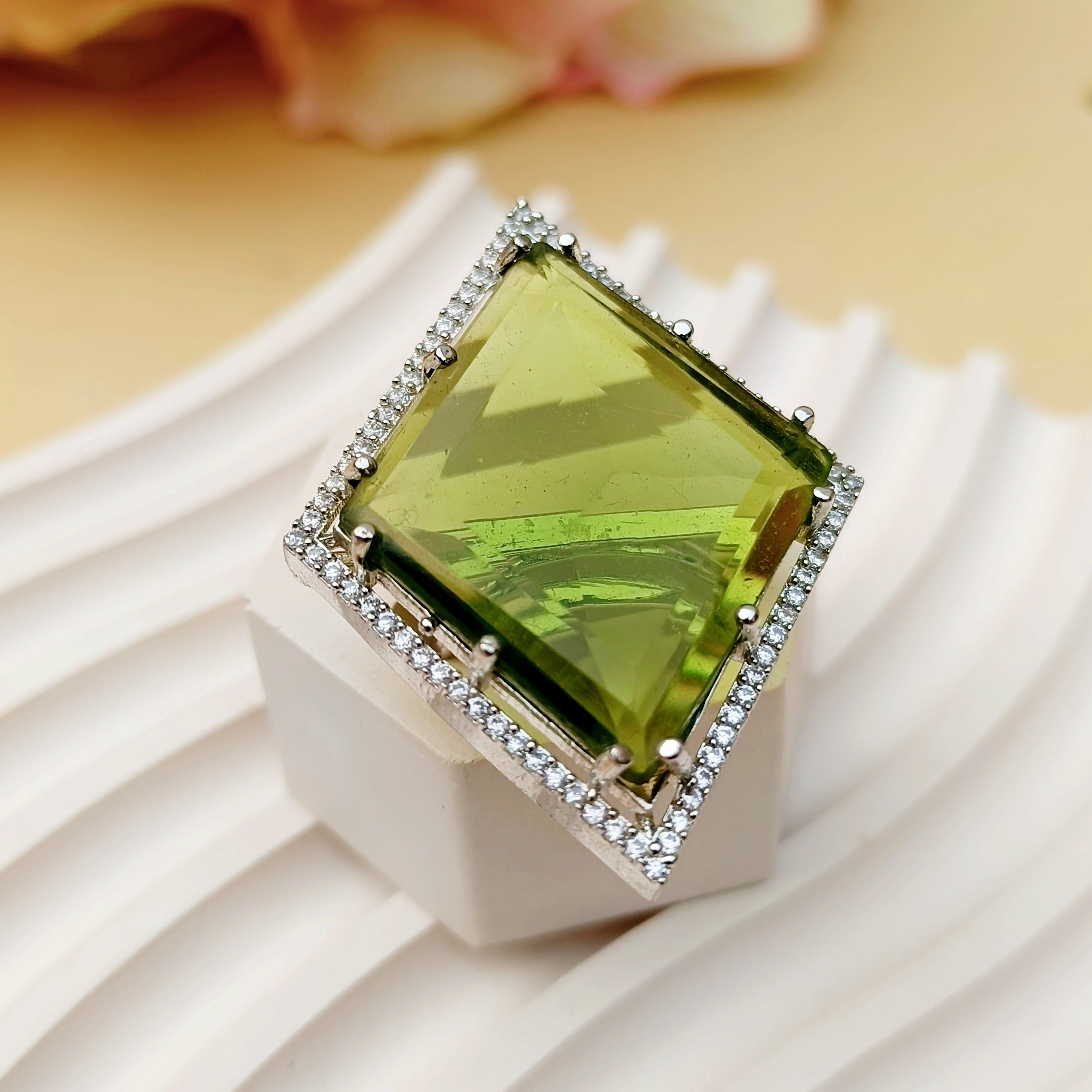 Olive Green American Diamond Luxury Ring