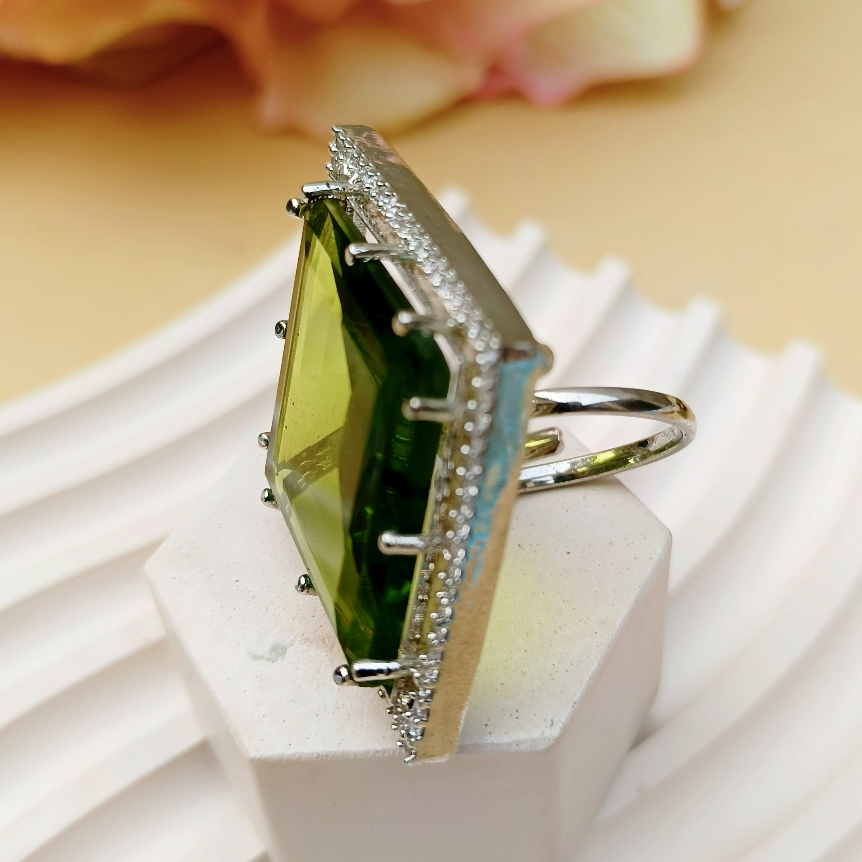 Olive Green American Diamond Luxury Ring