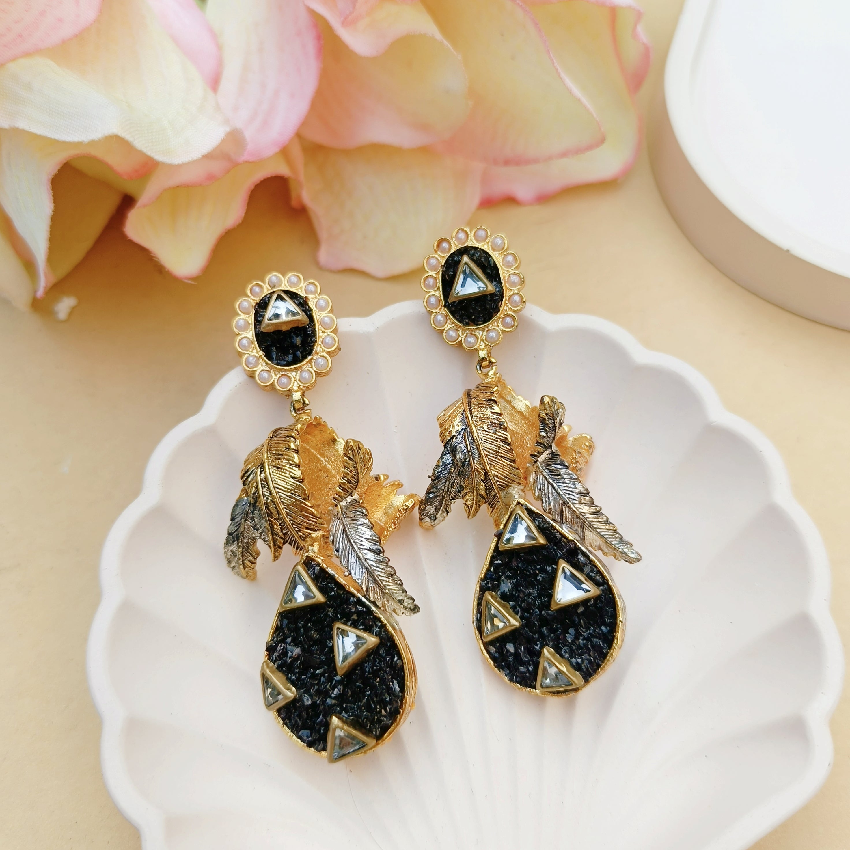 Golden & Black Crush Stone Earrings