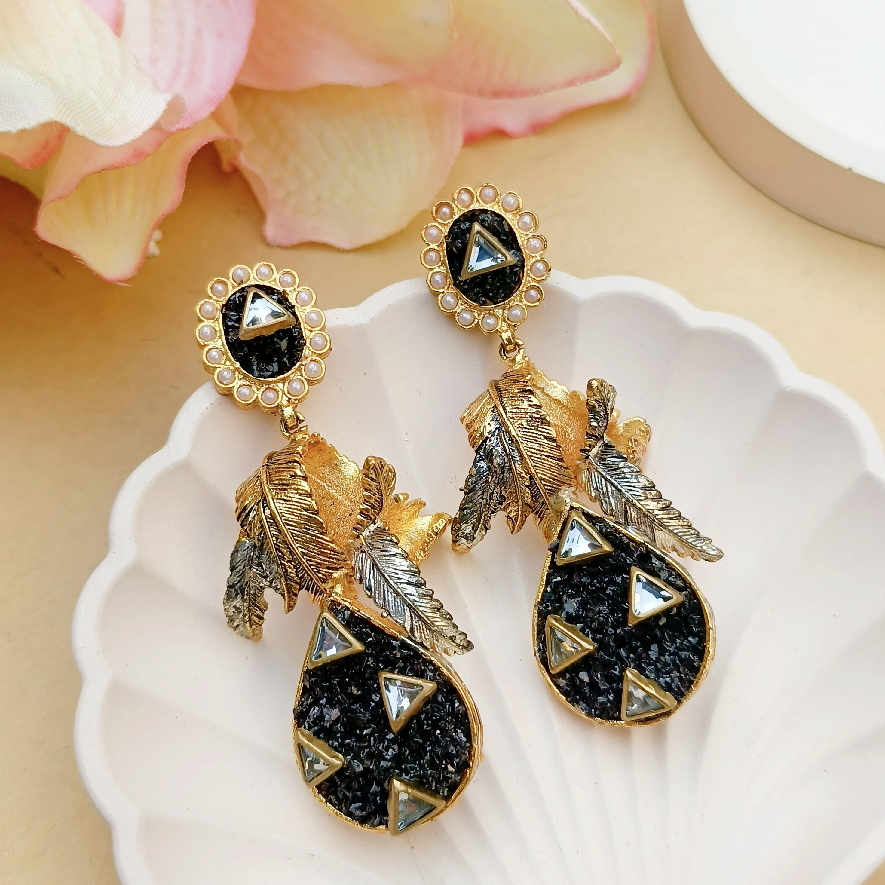 Golden & Black Crush Stone Earrings