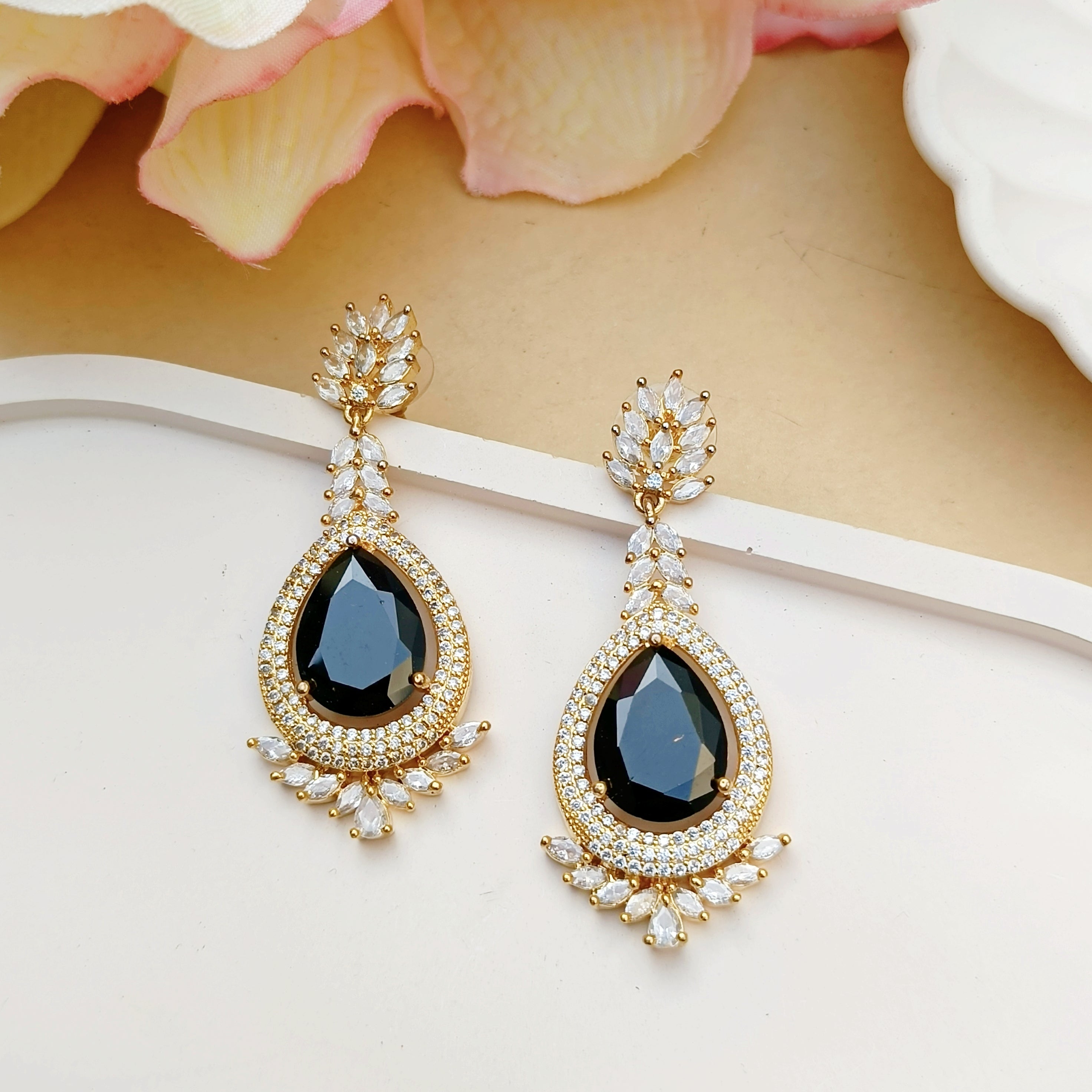 Black & Golden American Diamond Earrings