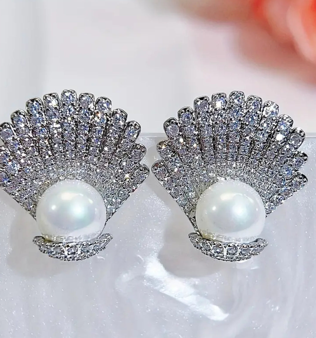 Pearl In Seashell CZ Statement Studs