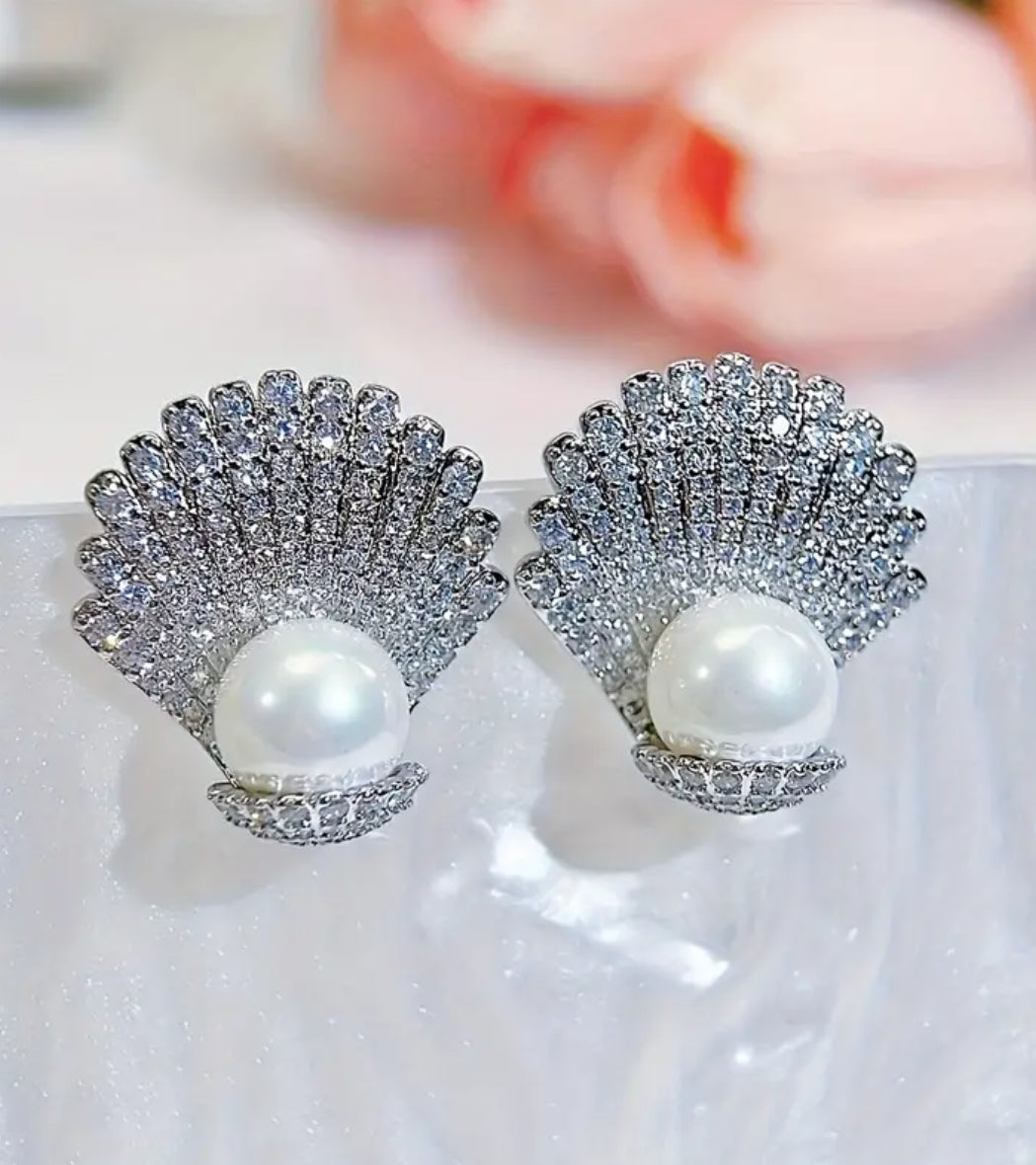 Pearl In Seashell CZ Statement Studs