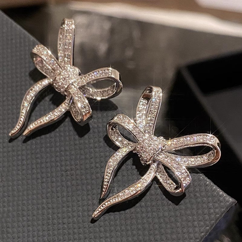 American Diamond Silver Plated Bow Earrings