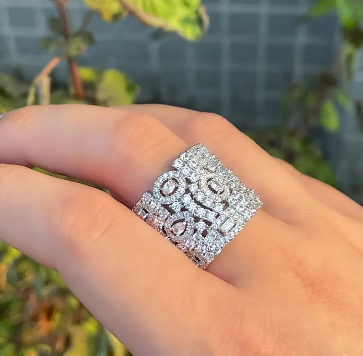 American Diamond Silver Plated Statement Ring