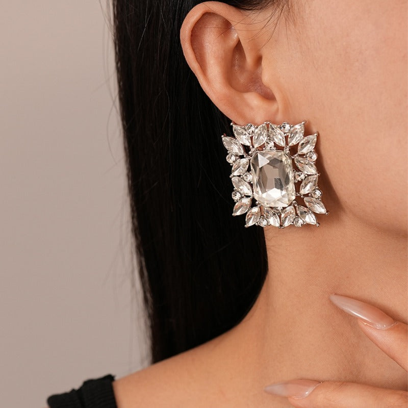 Silver Crystal Stones Big Statement Earrings