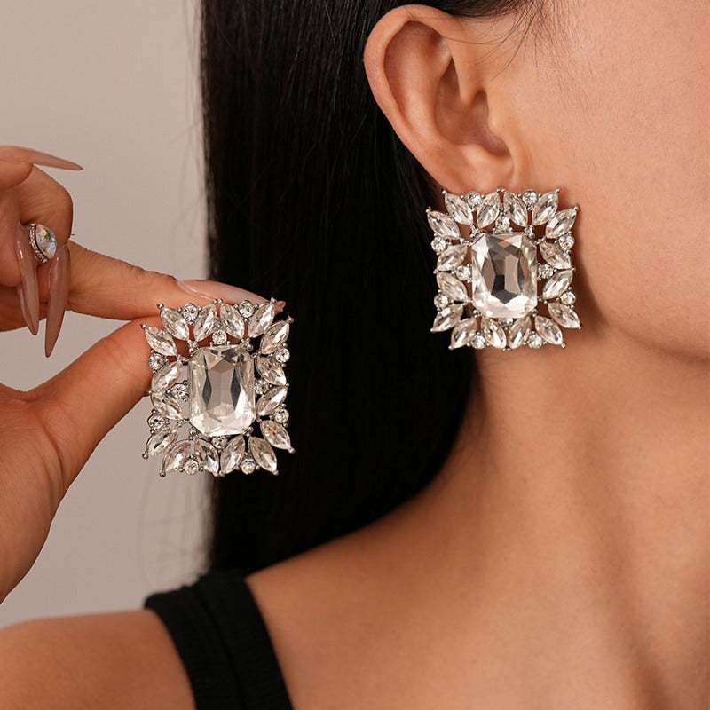 Silver Crystal Stones Big Statement Earrings