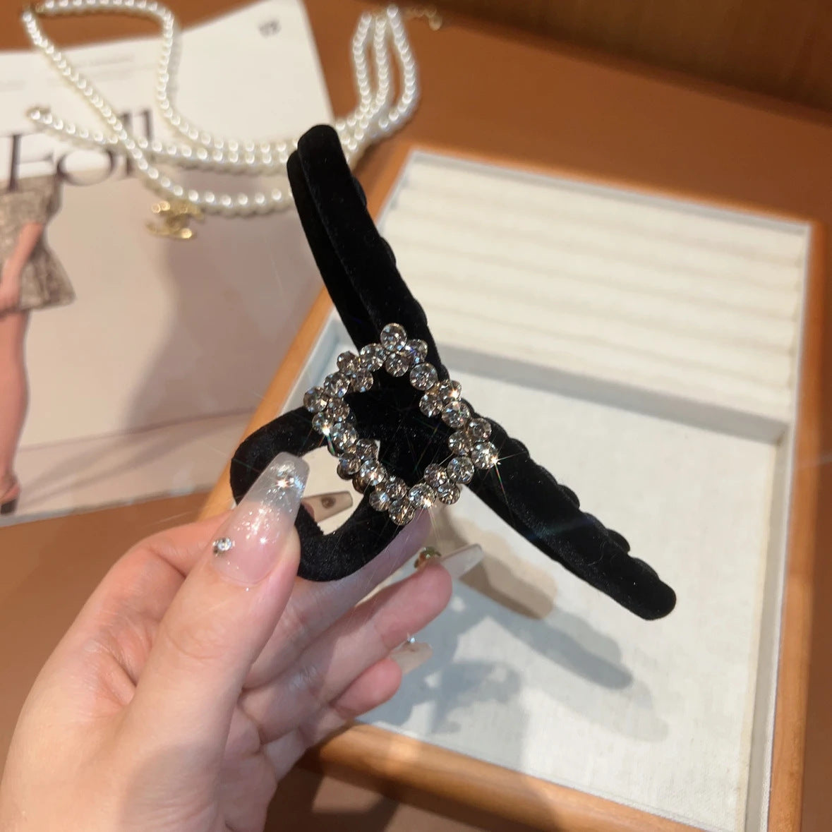 Velvet flocked Hair Claw With Rhinestones