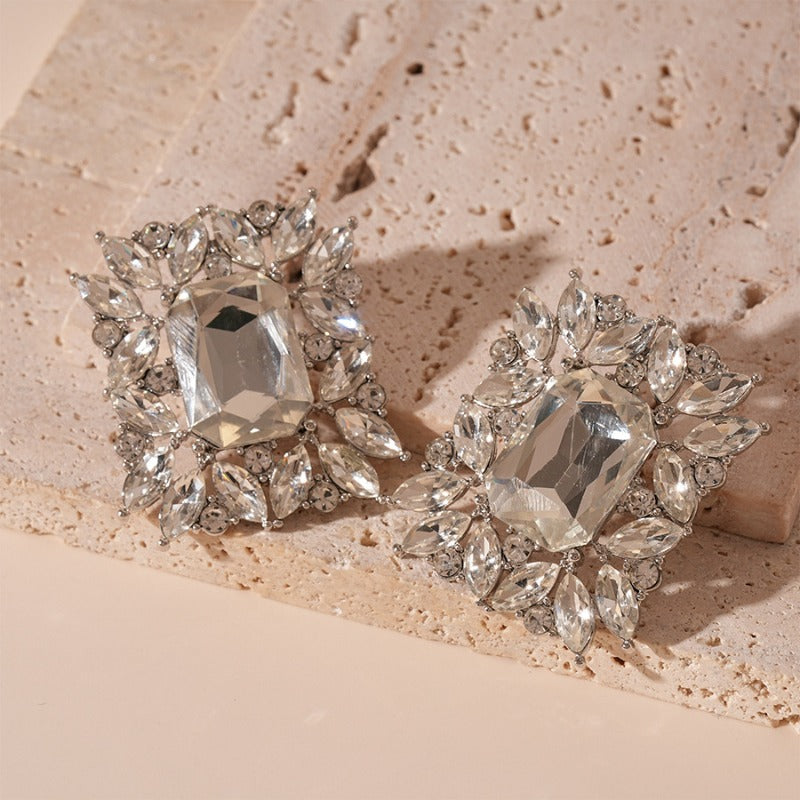 Silver Crystal Stones Big Statement Earrings