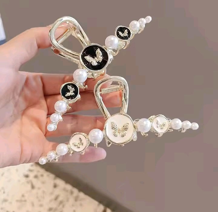Classic Pearl Butterfly Enamel Metal Hair Claw