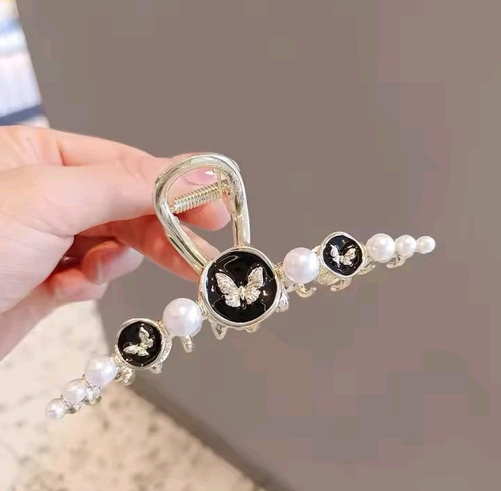 Classic Pearl Butterfly Enamel Metal Hair Claw