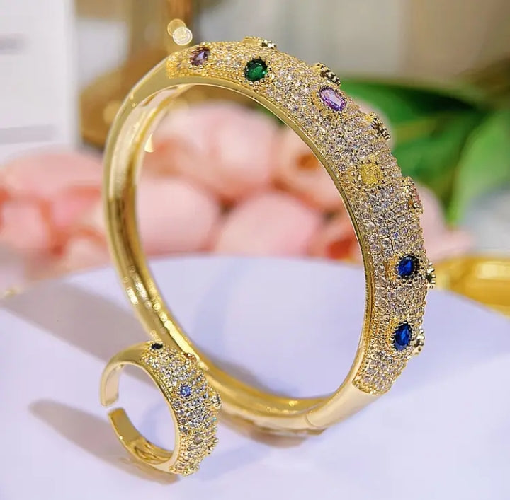 American Diamond Gold Plated Openable Handcuff Ring Set
