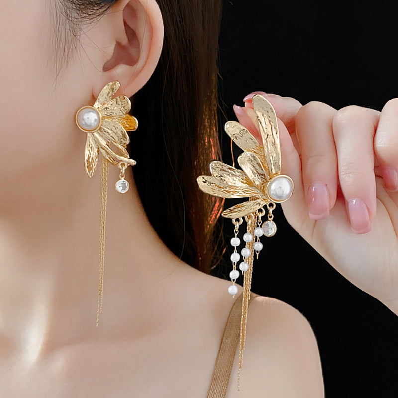 Long Drop Golden Floral Earrings