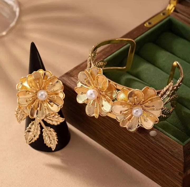 Golden Flower Pearl Handcuff & Ring Set