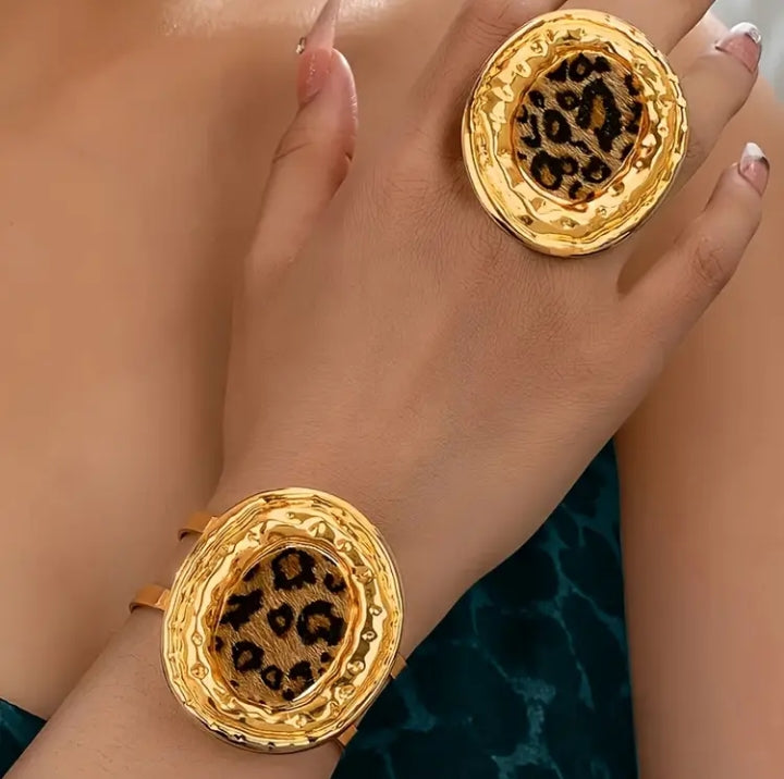 Leopard Print Handcuff & Ring Set