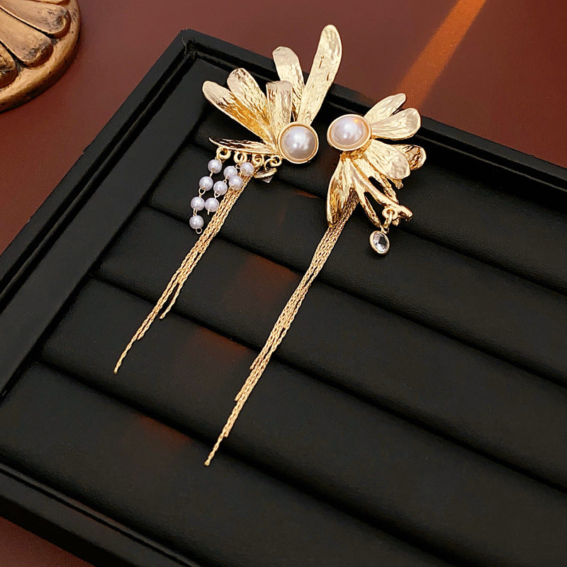Long Drop Golden Floral Earrings