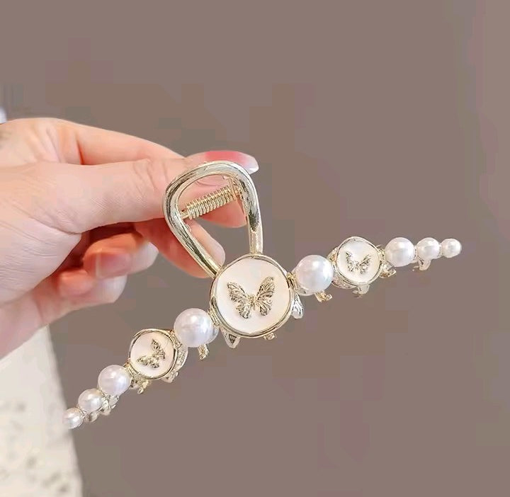 Classic Pearl Butterfly Enamel Metal Hair Claw