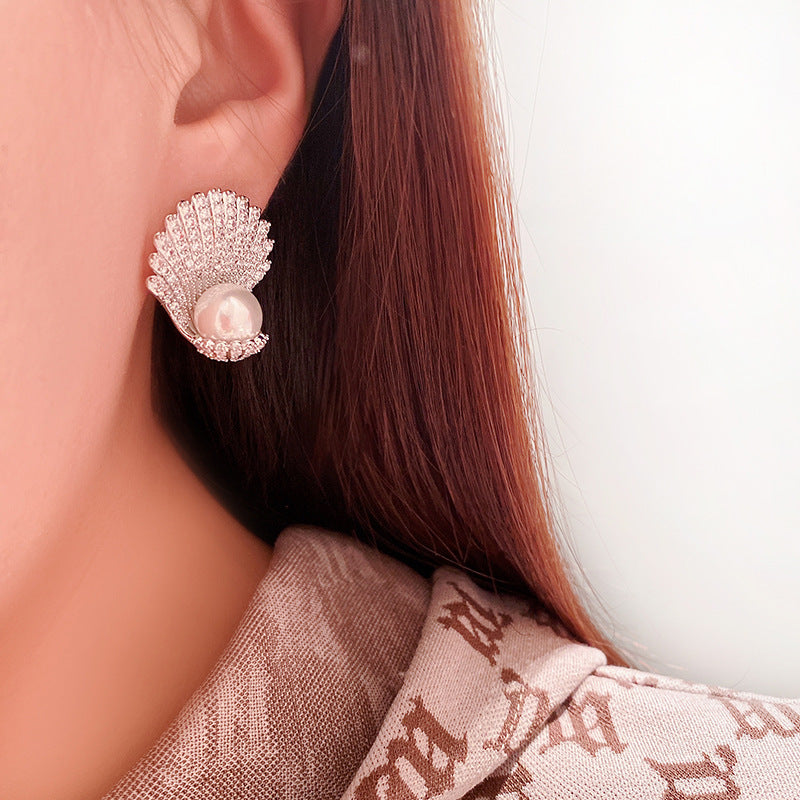 American Diamond Silver Plated Shell Earrings