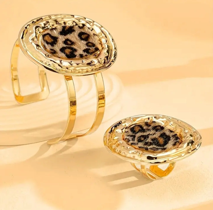 Leopard Print Handcuff & Ring Set