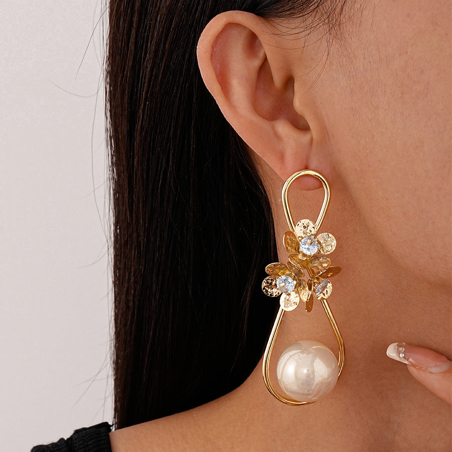 Golden Bloom Cubic Zirconia Pearl Earrings