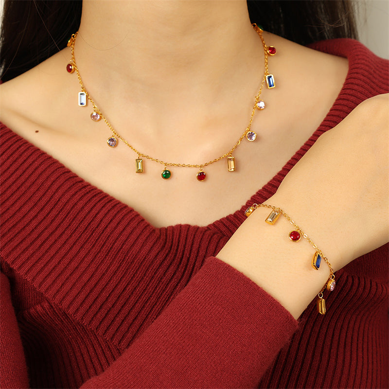 Cubic Zirconia Stainless Steel Necklace & Bracelet Set