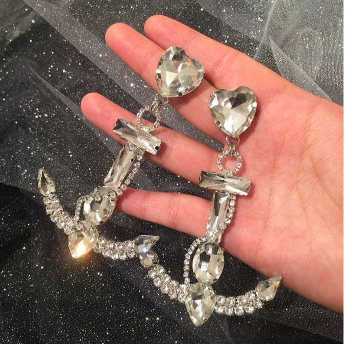 Silver Crystals Rich Anchor Earrings