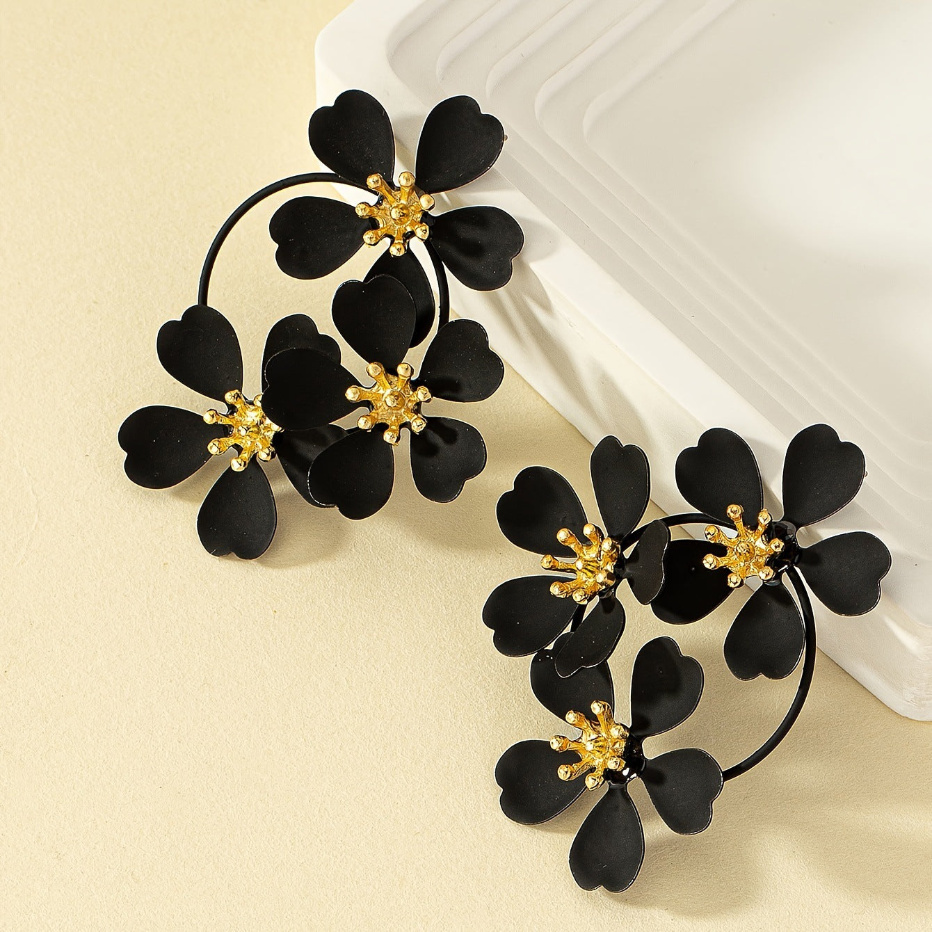 Black & Gold Luxe Flower Earrings