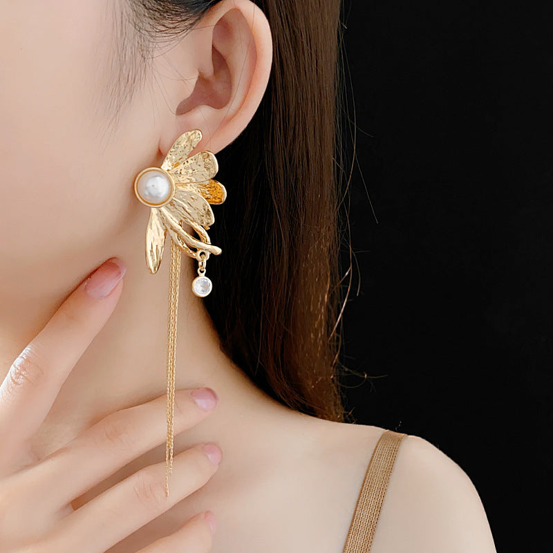 Long Drop Golden Floral Earrings