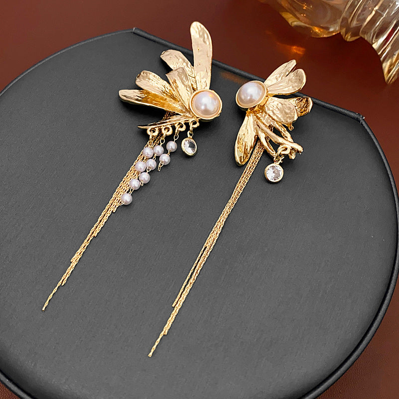 Long Drop Golden Floral Earrings